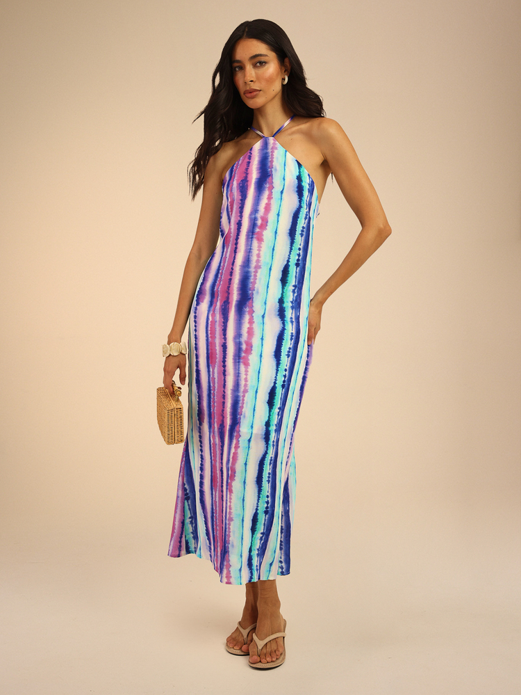 Dancing Leopard Print Halterneck Midi Dress, Holiday Resort Wear - Multicolor - View 1