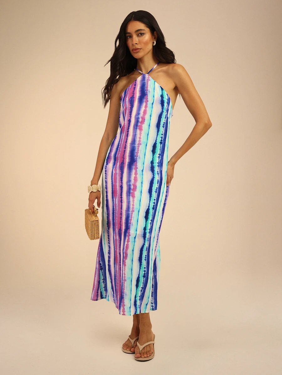 Dancing Leopard Print Halterneck Midi Dress, Holiday Resort Wear - Multicolor - View 1