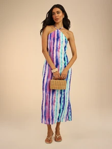 Dancing Leopard Print Halterneck Midi Dress, Holiday Resort Wear - Multicolor - View 3