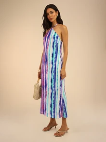 Dancing Leopard Print Halterneck Midi Dress, Holiday Resort Wear - Multicolor - View 4