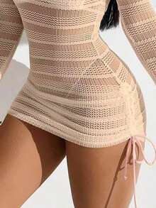 SHEIN Swim Basics 1 件女士纯色长袖罩衫，夏季时尚 - 杏色 - 查看 5