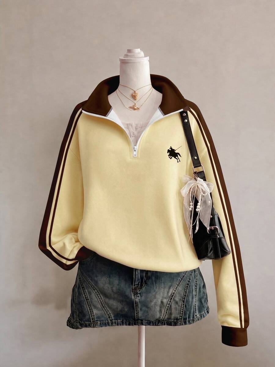 加州日落黃,少女休閒復古時尚拼色條紋半拉鍊落肩運動衫,適合秋冬日常、校園、復古美式街頭風,甜酷慵懶隨性時尚女孩 - 彩色 - 查看 1