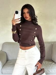 Aloruh كنزة نسائية بنية اللون مزينة بزخارف معدنية نابليونية، خريف/شتاء - بني - مشاهدة 9