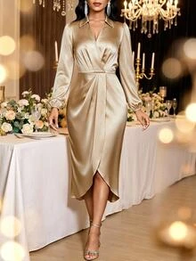 Fleurora 女款法式優雅溫柔緞面開衩裙，適合婚禮、派對、夜晚酒吧聚會，香檳色，秋季 - 杏色 - 查看 4
