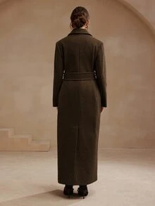 Anewsta Essential 女士优雅巧克力棕色中长款系带羊毛混纺大衣，适合秋季、冬季、新年、优雅、时尚、别致、潮流、圣诞节、外出穿着 - 巧克力棕 - 查看 2