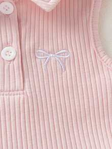 Genkimix Kids 女童 Polo 裙套裝 夏季新品 可愛甜美風 粉色羅紋針織無袖上衣 附粉色蝴蝶結刺繡 淺藍色牛仔百褶裙 鬆緊腰 柔軟舒適 休閒日常上學度假旅行穿搭 - 粉色 - 查看 6