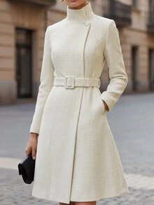 SHEIN Women's Autumn And Winter Beige High Collar Woolen Coat, Tweed Style Wool Blend Fabric, A-Line Mid-Length Style, High-End Beige Neutral Tone, Suitable - White - View 3