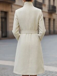 SHEIN Women's Autumn And Winter Beige High Collar Woolen Coat, Tweed Style Wool Blend Fabric, A-Line Mid-Length Style, High-End Beige Neutral Tone, Suitable - White - View 2