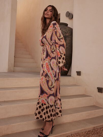 Dancing Leopard Brown Paisley Print Ruffle Long Dress, Boho Holiday/Vacation Wear
