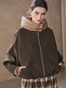 Anewsta 女款深棕色短版羊毛混紡外套,附可拆卸帽子,現代時尚秋冬外套 - 棕色 - 查看 4