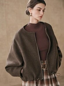 Anewsta 女款深棕色短版羊毛混紡外套,附可拆卸帽子,現代時尚秋冬外套 - 棕色 - 查看 6