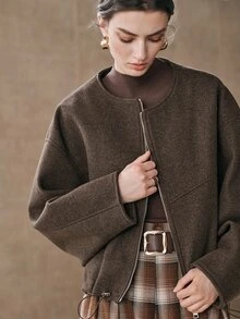 Anewsta 女款深棕色短版羊毛混紡外套,附可拆卸帽子,現代時尚秋冬外套 - 棕色 - 查看 7