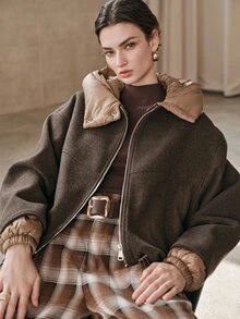 Anewsta 女款深棕色短版羊毛混紡外套,附可拆卸帽子,現代時尚秋冬外套 - 棕色 - 查看 8