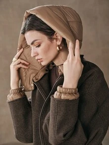 Anewsta 女款深棕色短版羊毛混紡外套,附可拆卸帽子,現代時尚秋冬外套 - 棕色 - 查看 2