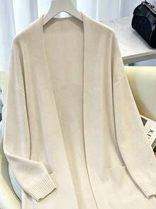 SHEIN Kardigan Kasual Warna Polos Dua Saku untuk Musim Gugur/Dingin - Aprikot - View 3