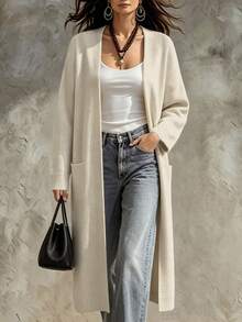 SHEIN Kardigan Kasual Warna Polos Dua Saku untuk Musim Gugur/Dingin - Aprikot - View 8