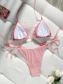 SHEIN Swim Bikini Wanita Musim Panas 2pcs/Set Sederhana Elegan Model Halter dengan Dekorasi Bunga, Gaya Liburan Santai, Tali Bahu Tipis - Berwarna merah muda - View 3