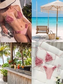 SHEIN Swim Bikini Wanita Musim Panas 2pcs/Set Sederhana Elegan Model Halter dengan Dekorasi Bunga, Gaya Liburan Santai, Tali Bahu Tipis - Berwarna merah muda - View 2