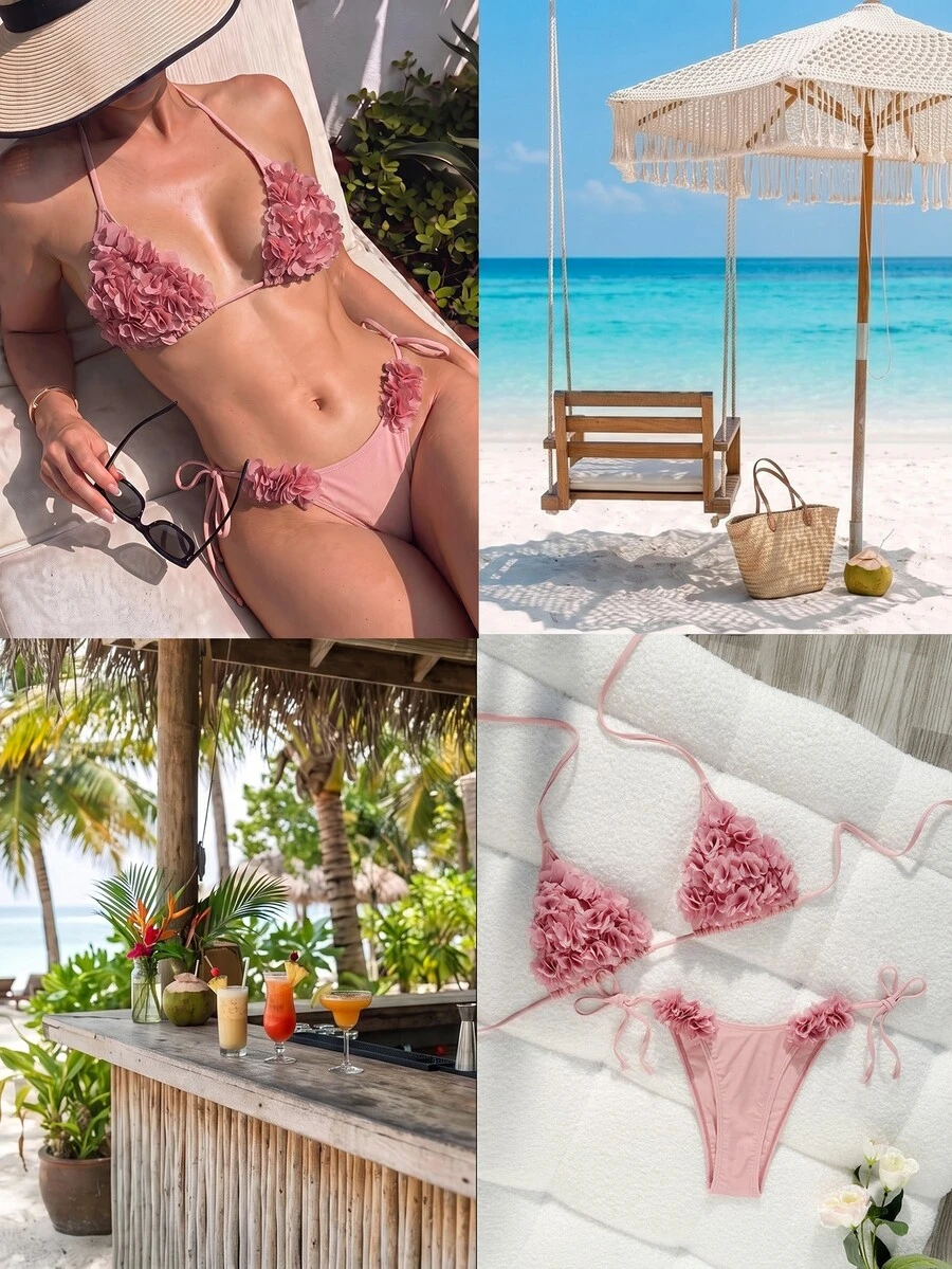 SHEIN Swim Bikini Wanita Musim Panas 2pcs/Set Sederhana Elegan Model Halter dengan Dekorasi Bunga, Gaya Liburan Santai, Tali Bahu Tipis