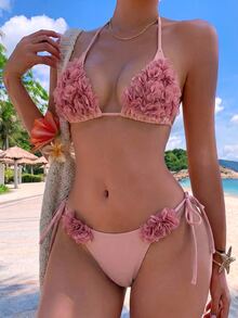 SHEIN Swim Bikini Wanita Musim Panas 2pcs/Set Sederhana Elegan Model Halter dengan Dekorasi Bunga, Gaya Liburan Santai, Tali Bahu Tipis - Berwarna merah muda - View 4