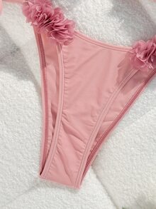 SHEIN Swim Bikini Wanita Musim Panas 2pcs/Set Sederhana Elegan Model Halter dengan Dekorasi Bunga, Gaya Liburan Santai, Tali Bahu Tipis - Berwarna merah muda - View 8