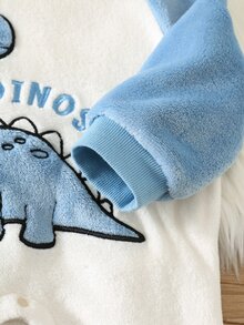 SHEIN 中性新生兒嬰兒男/女童、幼兒秋冬保暖內裡加厚拼色拼接可愛恐龍貼布繡連帽連身衣，嬰兒冬季連身褲，聖誕 - 藍色 - 查看 7