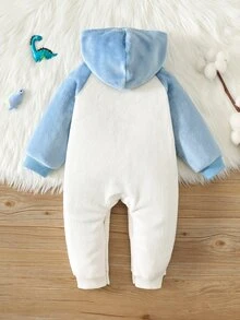 SHEIN 中性新生兒嬰兒男/女童、幼兒秋冬保暖內裡加厚拼色拼接可愛恐龍貼布繡連帽連身衣，嬰兒冬季連身褲，聖誕 - 藍色 - 查看 3