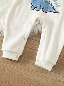 SHEIN 中性新生兒嬰兒男/女童、幼兒秋冬保暖內裡加厚拼色拼接可愛恐龍貼布繡連帽連身衣，嬰兒冬季連身褲，聖誕 - 藍色 - 查看 6