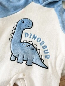 SHEIN 中性新生兒嬰兒男/女童、幼兒秋冬保暖內裡加厚拼色拼接可愛恐龍貼布繡連帽連身衣，嬰兒冬季連身褲，聖誕 - 藍色 - 查看 5