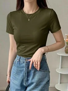 DAZY 女款純色圓領修身短袖內搭T恤 - 軍綠色 - 查看 3