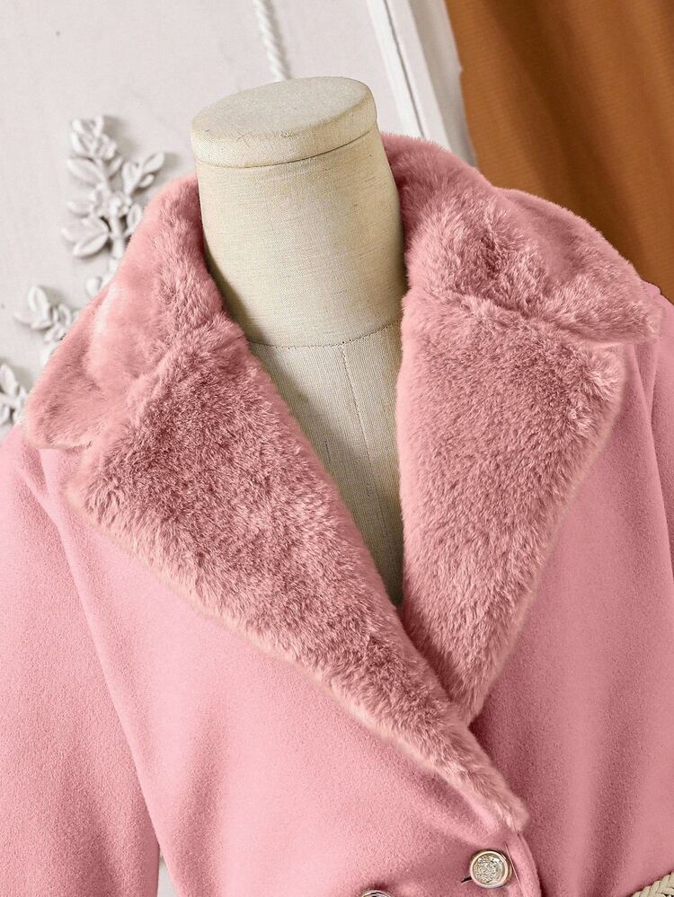 SHEIN Tween Girl Coat Fleece Fall Fuzzy Lapel Neck Long Sleeve Autumn/Winter Coat, Holiday, Casual - Pink - View 4