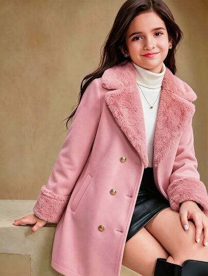 SHEIN Elladie kids Tween Girl Coat Fleece Fall Fuzzy Lapel Neck Long Sleeve Autumn/Winter Coat, Holiday, Casual