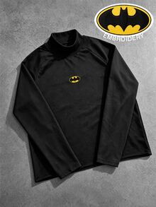 BATMAN X SHEIN Manfinity EMRG Men's High Neck Long Sleeve Cartoon Embroidered Slim Fit T-Shirt - Black - View 1