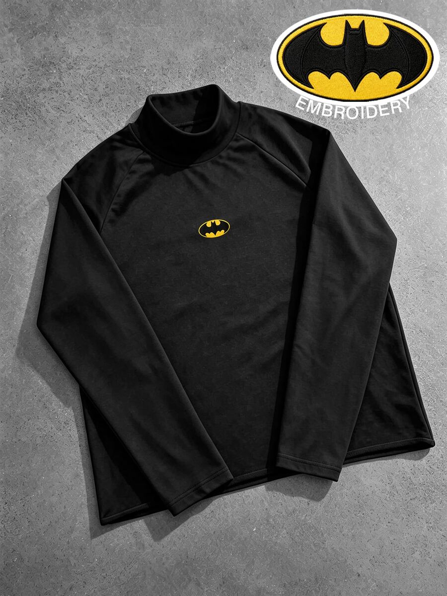 BATMAN X SHEIN Manfinity EMRG Men's High Neck Long Sleeve Cartoon Embroidered Slim Fit T-Shirt - Black - View 1