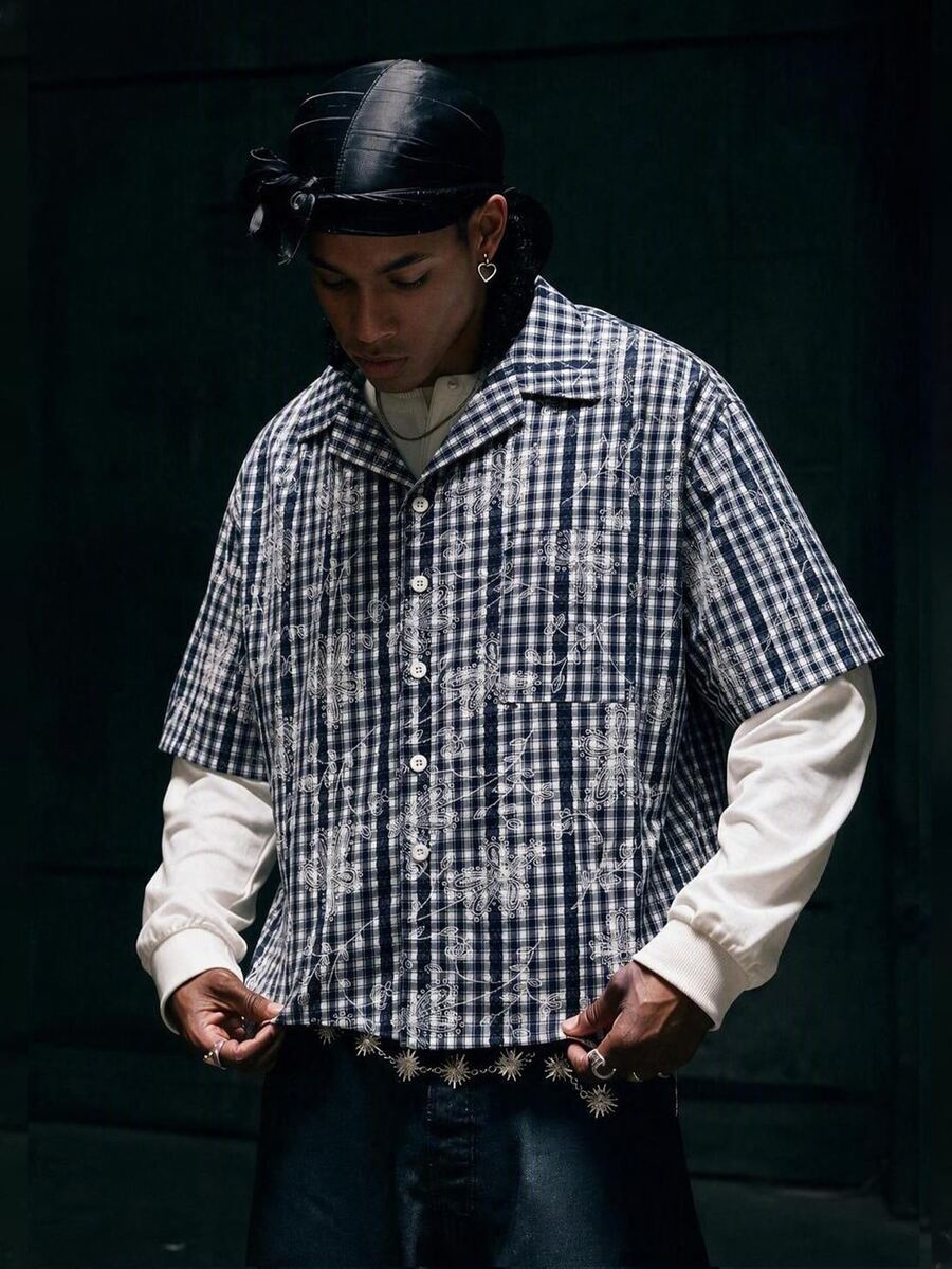 STEELVANCE 男士刺繡格紋拼接長袖單排扣襯衫 - 藏蓝色 - 查看 1