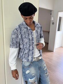 STEELVANCE 男士刺繡格紋拼接長袖單排扣襯衫 - 藏蓝色 - 查看 2