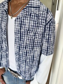 STEELVANCE 男士刺繡格紋拼接長袖單排扣襯衫 - 藏蓝色 - 查看 3
