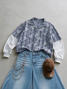 STEELVANCE 男士刺繡格紋拼接長袖單排扣襯衫 - 藏蓝色 - 查看 8