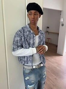 STEELVANCE 男士刺繡格紋拼接長袖單排扣襯衫 - 藏蓝色 - 查看 7