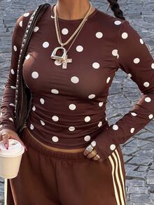 Muchica Coffee Brown Polka Dot Casual Women Plus Size T-Shirt Fall - Coffee Brown - View 3