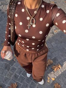 Muchica Coffee Brown Polka Dot Casual Women Plus Size T-Shirt Fall - Coffee Brown - View 4