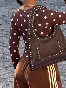 Muchica Coffee Brown Polka Dot Casual Women Plus Size T-Shirt Fall - Coffee Brown - View 2