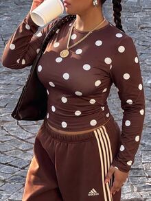 Muchica Coffee Brown Polka Dot Casual Women Plus Size T-Shirt Fall - Coffee Brown - View 1