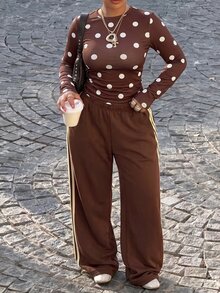 Muchica Coffee Brown Polka Dot Casual Women Plus Size T-Shirt Fall - Coffee Brown - View 5