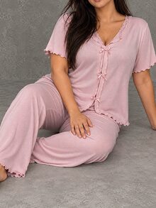 Esseday Setelan Piyama Atasan Lengan Pendek dan Celana Panjang Rajut Bergaris Warna Polos Ukuran Besar dengan Hiasan Pita, Pakaian - Berwarna merah muda - View 5