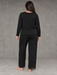 Esseday Plus Size Women Contrast Lace Bow Decor Long Sleeve Top And Pants Sleepwear Home Outfit, Fall Winter Clothes - Black - View 2