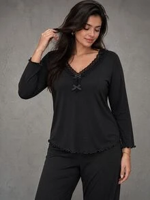 Esseday Plus Size Women Contrast Lace Bow Decor Long Sleeve Top And Pants Sleepwear Home Outfit, Fall Winter Clothes - Black - View 4