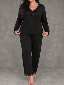 Esseday Plus Size Women Contrast Lace Bow Decor Long Sleeve Top And Pants Sleepwear Home Outfit, Fall Winter Clothes - Black - View 3