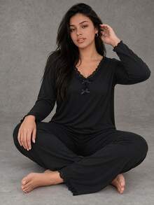 Esseday Plus Size Women Contrast Lace Bow Decor Long Sleeve Top And Pants Sleepwear Home Outfit, Fall Winter Clothes - Black - View 1