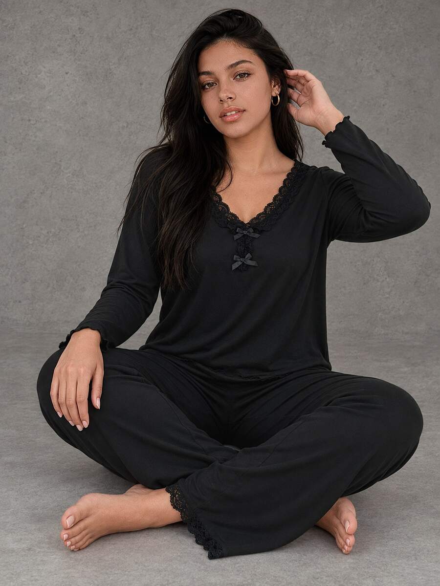 Esseday Plus Size Women Contrast Lace Bow Decor Long Sleeve Top And Pants Sleepwear Home Outfit, Fall Winter Clothes - Black - View 1